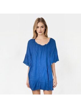 Terzo millennio womens Linen Dress Size Large Blue Embroidered Lace Tiered Loose